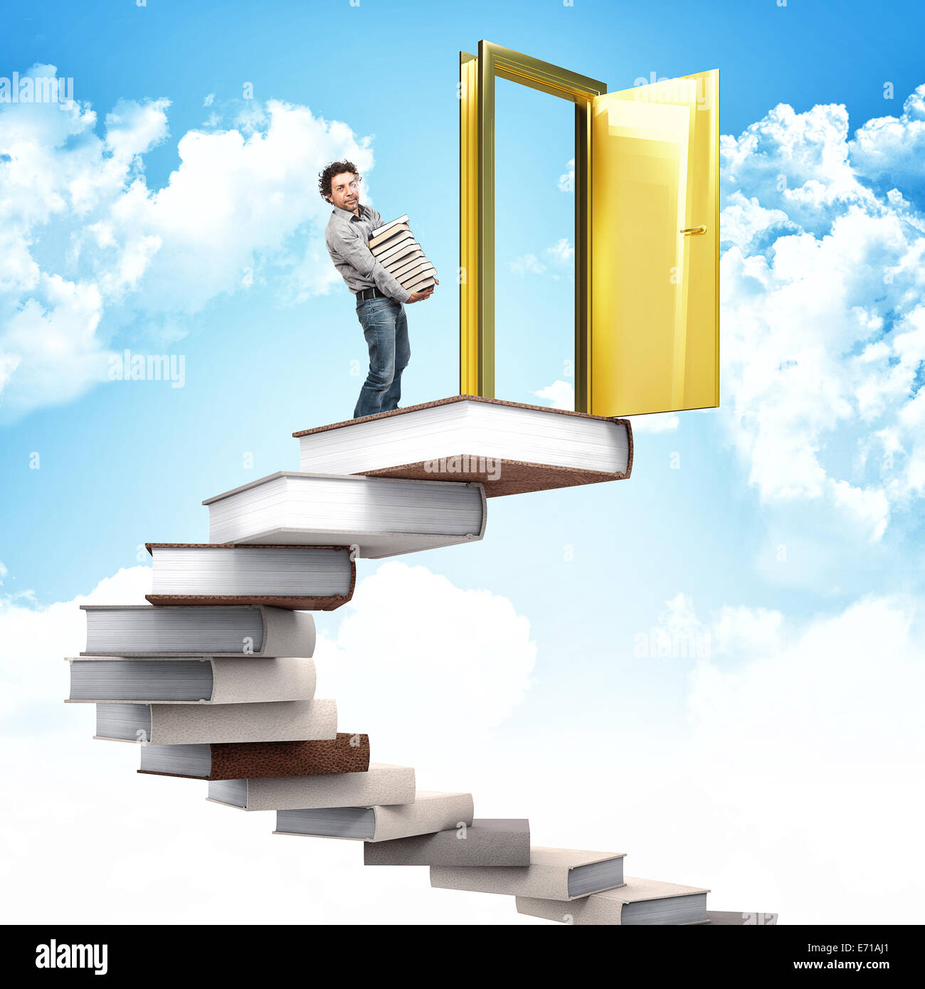 L'homme sur la 3d livre d'escaliers avec porte d'or Banque D'Images