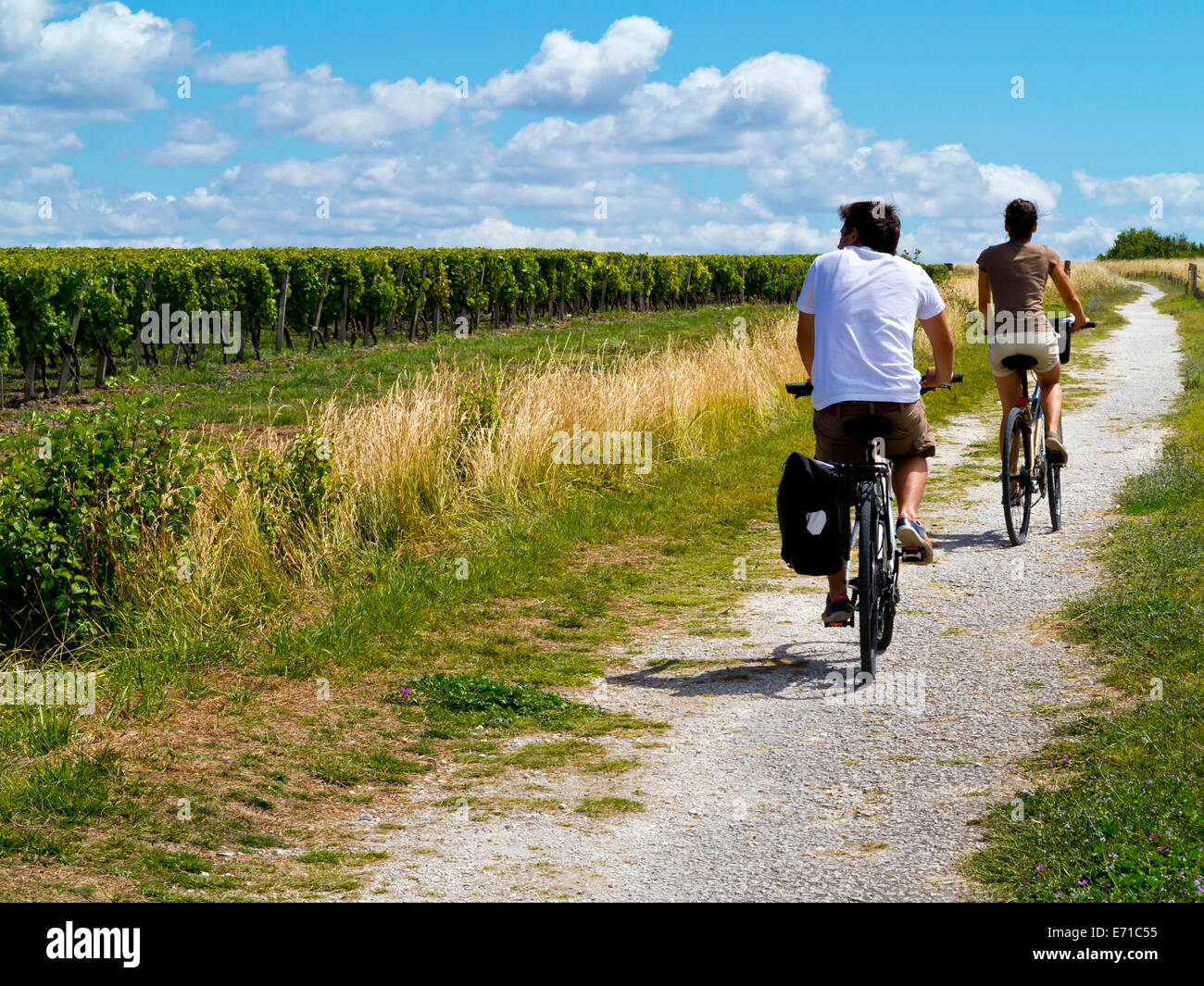 Couple à vélo à côté d'un vignoble près du village de Talmont Sur Gironde en Charente-Maritime domaine de south west France Banque D'Images