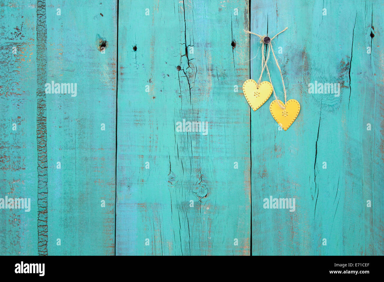 Deux coeurs or suspendus sur câble vert antique weathered wood background Banque D'Images