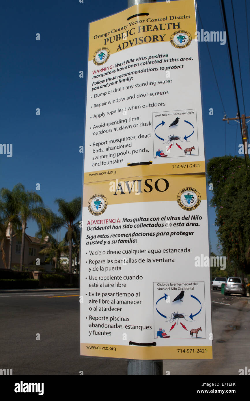 Orange County, Californie, USA. 3 Septembre, 2014. Le Orange County District de contrôle des vecteurs des panneaux affichés dans les quartiers de résidents d'avertissement du danger du virus du Nil occidental les moustiques positifs . Après. Santa Ana) - UN Seal Beach résidant dans son 80s avec des conditions médicales sous-jacentes est décédé la semaine dernière avec des complications de l'infection au virus du Nil occidental. Résultats de test a reçu cette semaine a confirmé l'infection au VNO ; dont elle avait la forme plus grave, maladie neuroinvasive West Nile. Credit : Duncan Selby/Alamy Live News Banque D'Images