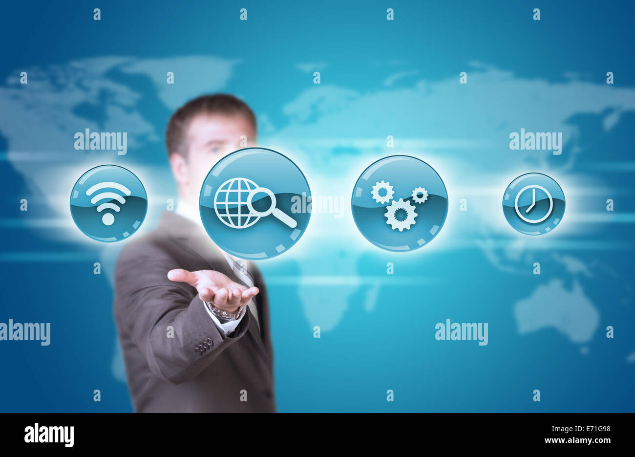 L'homme d'affaires ont un icônes d'application dans la main Banque D'Images L'homme d'affaires ont un icônes d'application dans la main Banque D'Images