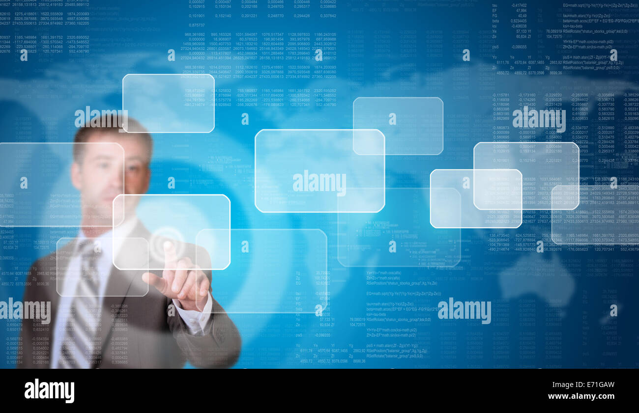 Dans un costume homme pointant son doigt sur le cadre vide Banque D'Images