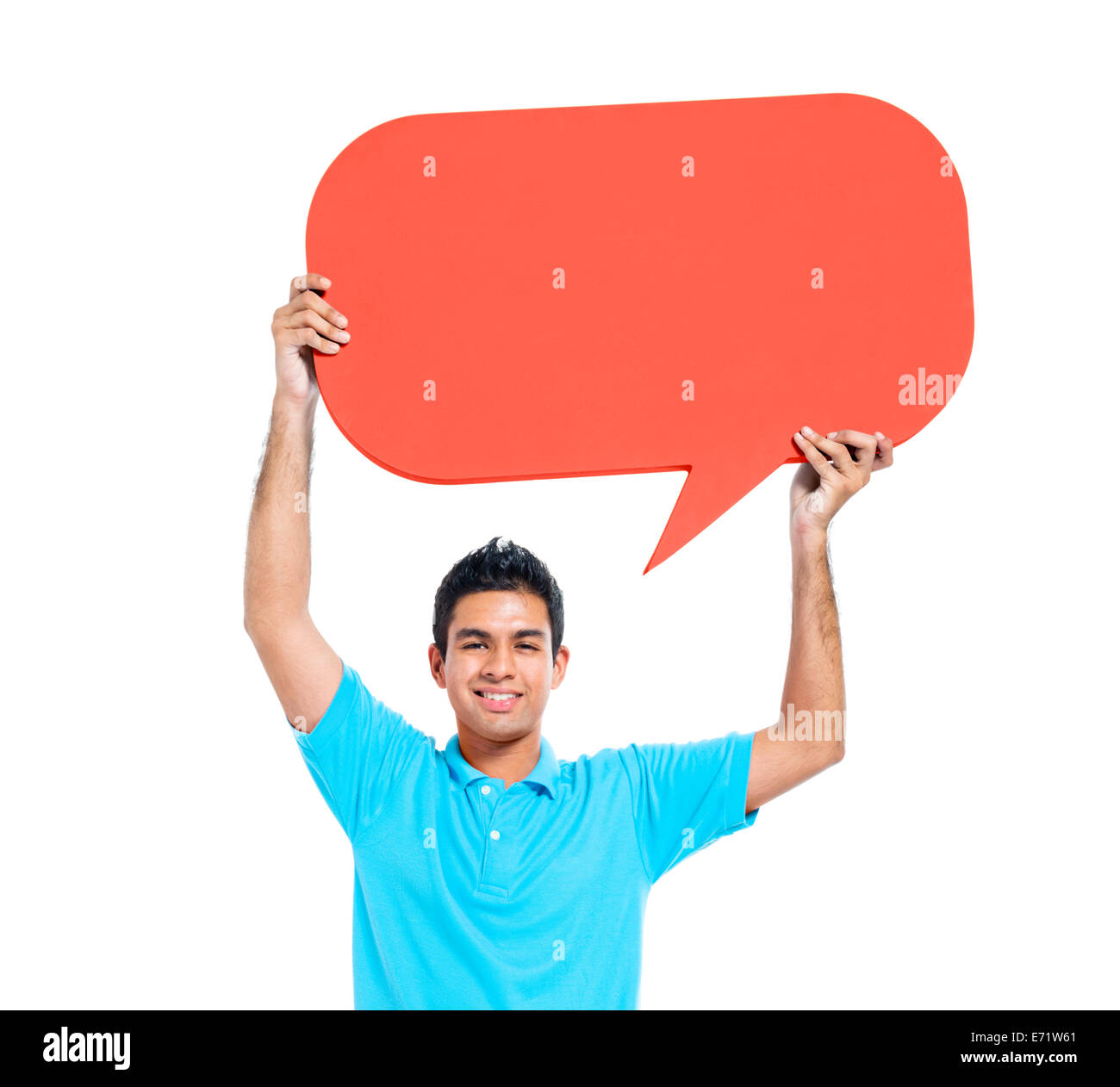 Cheerful Young Casual Man Holding Speech Bubble Banque D'Images