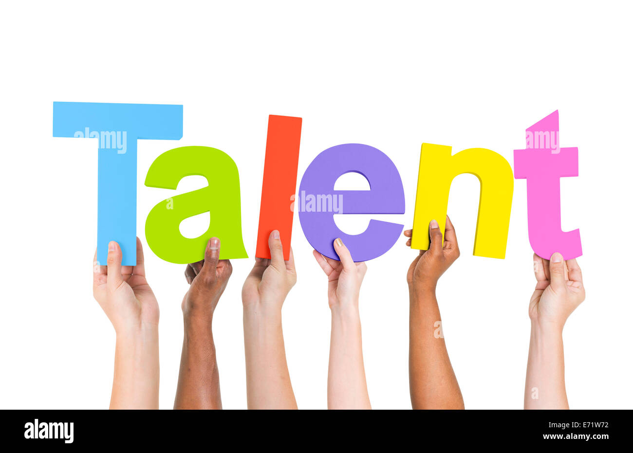 Bras levés multiethnique Talent Texte Holding Banque D'Images