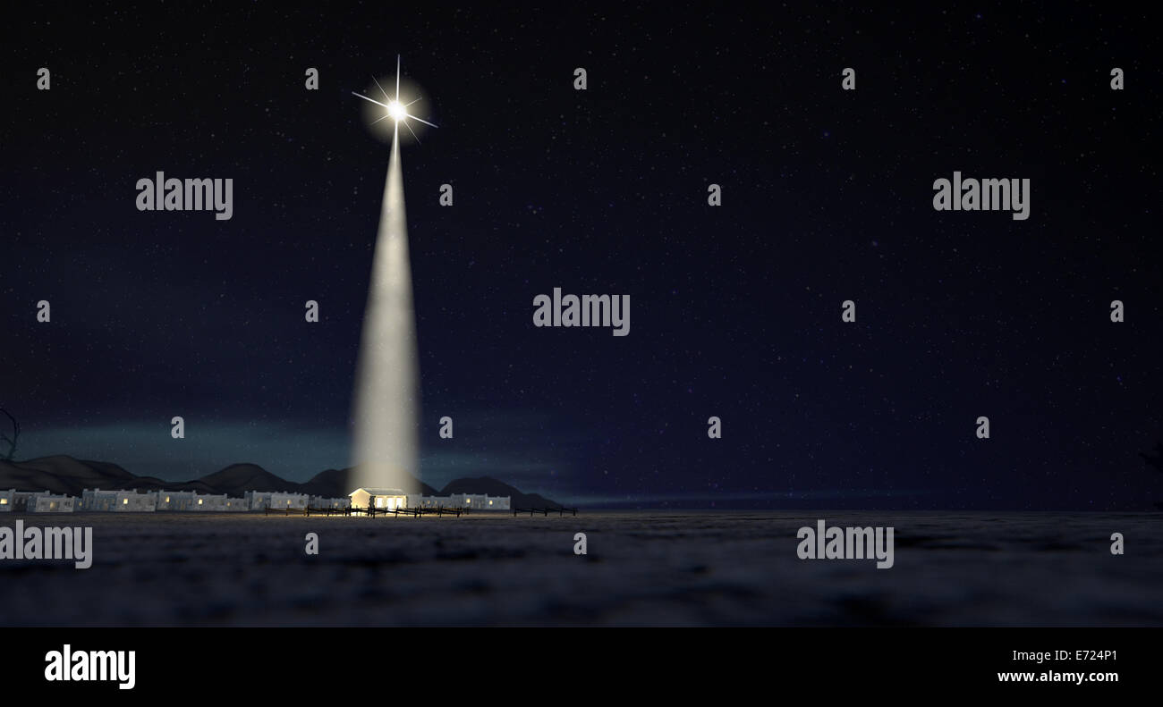 Une scène de la Nativité de la naissance à Bethléem dans le cas de descente d'être éclairé par une étoile brillante sur un sombre ciel bleu b Banque D'Images
