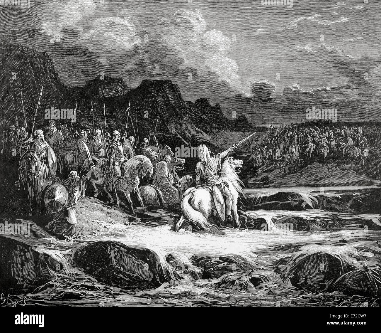 Bible. Judas Maccabeus poursuit Timothée. (I Maccabées 5:28-44). Gravure de A. Gusmand, dessin de Gustave Dore. 19e siècle. Banque D'Images