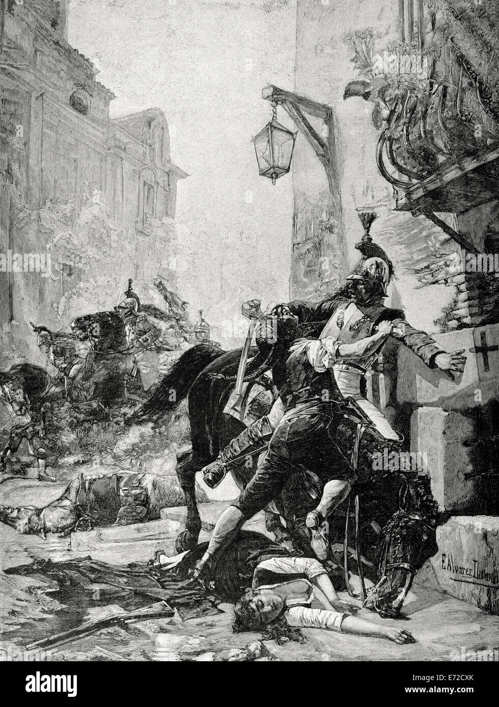 La guerre de la péninsule. Le 2 mai 1808. Madrid. Manuela Malasana et Juan. Gravure par Klose. Banque D'Images