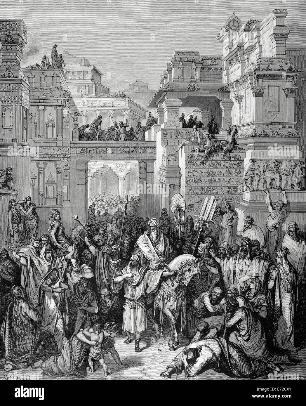 Ancien Testament. Livre d'Esther. Le Triomphe de Mardochée. En effet, par le dessin, gravure de Gustave Dore. 19e siècle. Banque D'Images