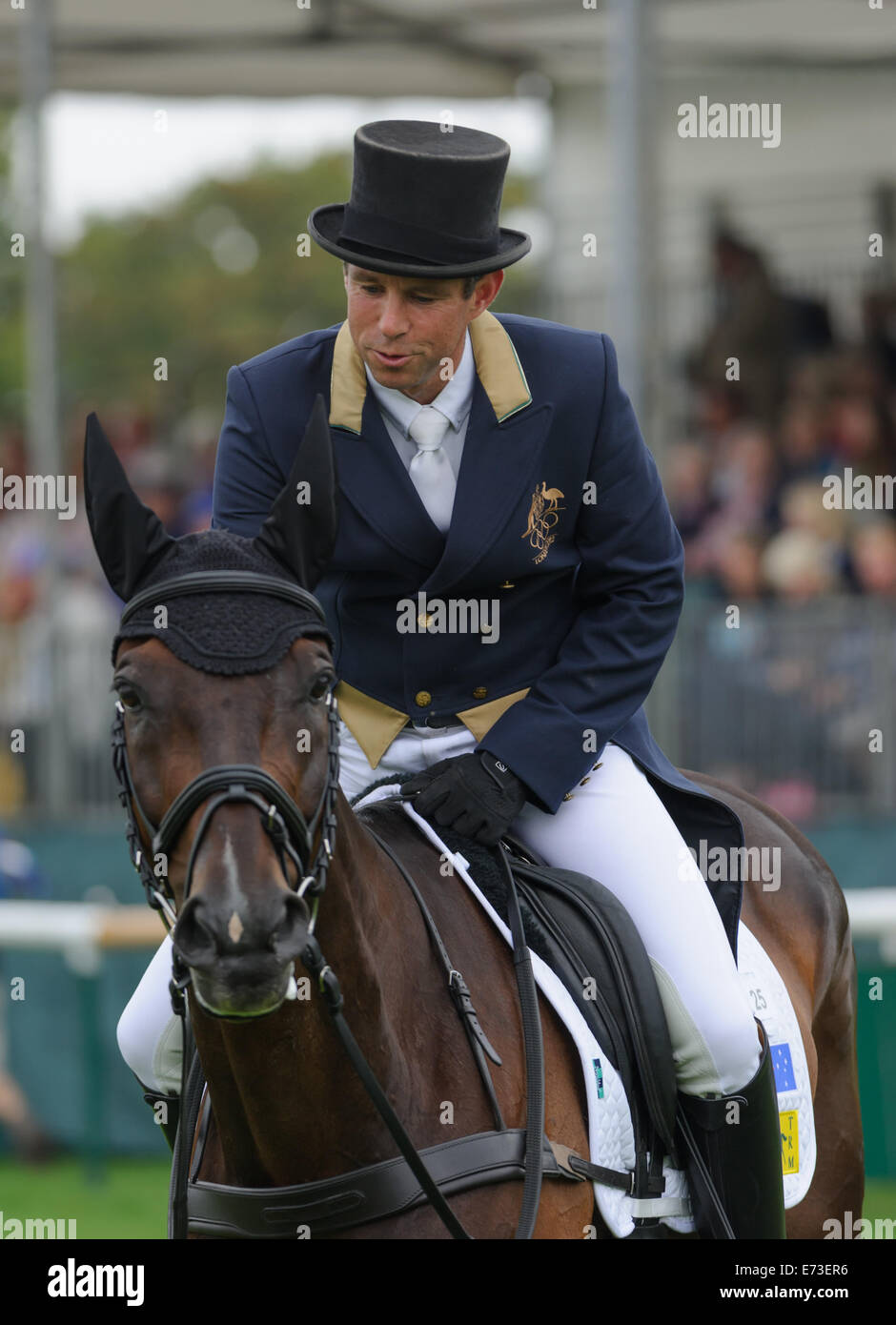Stamford, Lincs, Royaume-Uni. Le 4 septembre, 2014. Sam Griffiths et moments heureux - Burghley House, Stamford, UK - la phase de dressage, Land Rover Burghley Horse Trials, 4 septembre 2014. Credit : Nico Morgan/Alamy Live News Banque D'Images