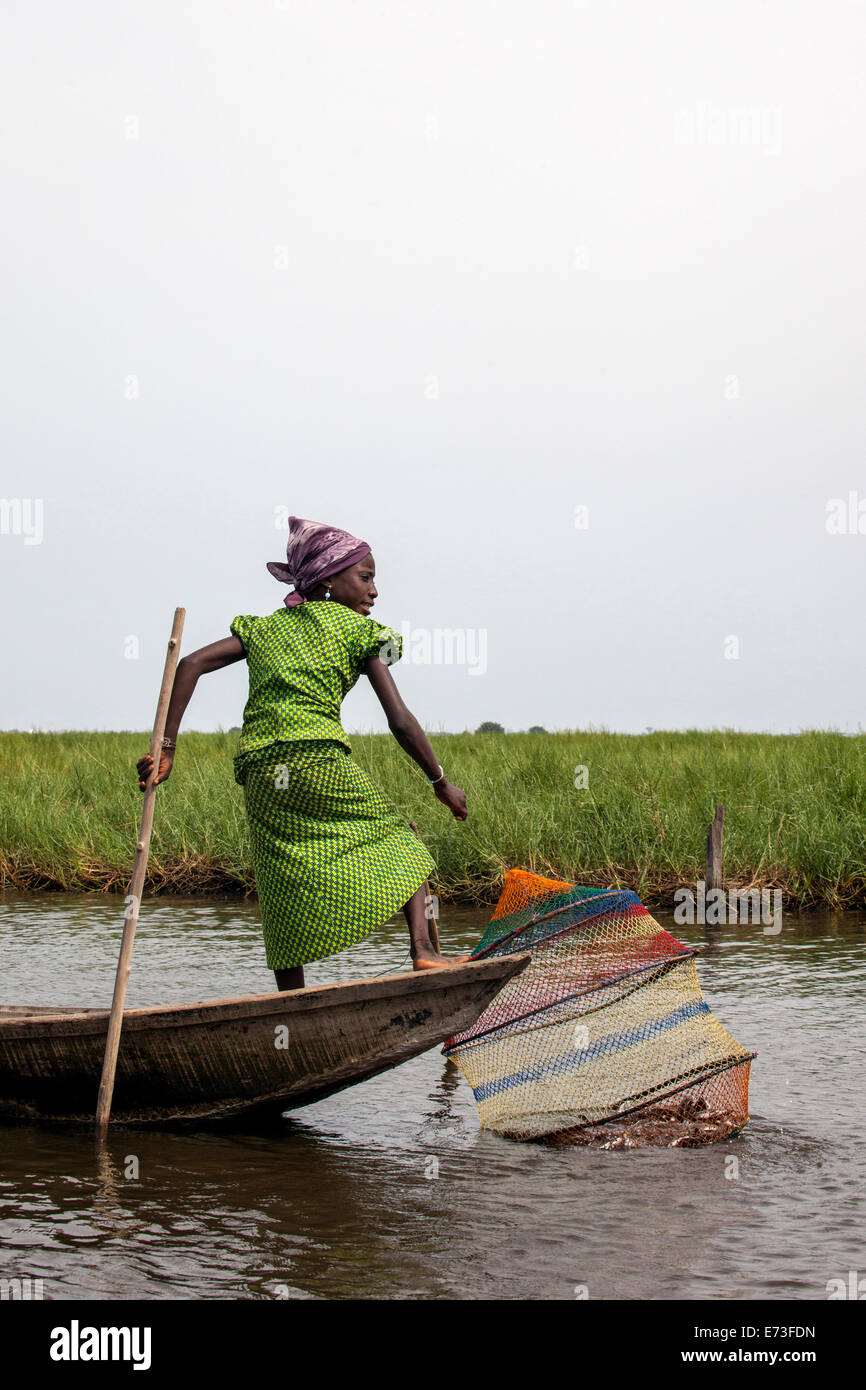 L'Afrique, Bénin, Ganvie. Piège à poisson femme tirant du Lac Nokoué. Banque D'Images