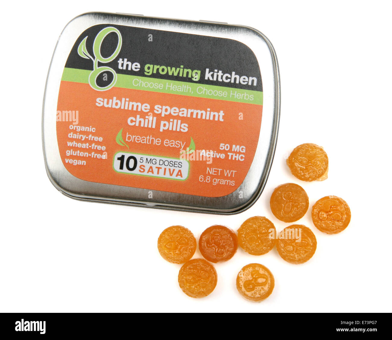 Tin de 'Ssublime Spearmint Chill Pills' une forme de la marijuana légale de la comestibles Cuisine à Boulder CO Banque D'Images