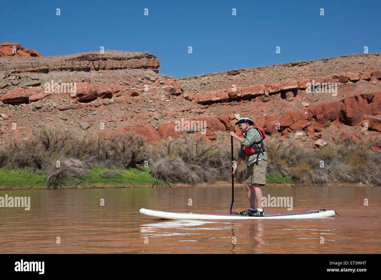 Canyonlands National Park, Utah - John West, 67, les palettes d'un stand up paddleboard pendant un voyage de rafting Banque D'Images