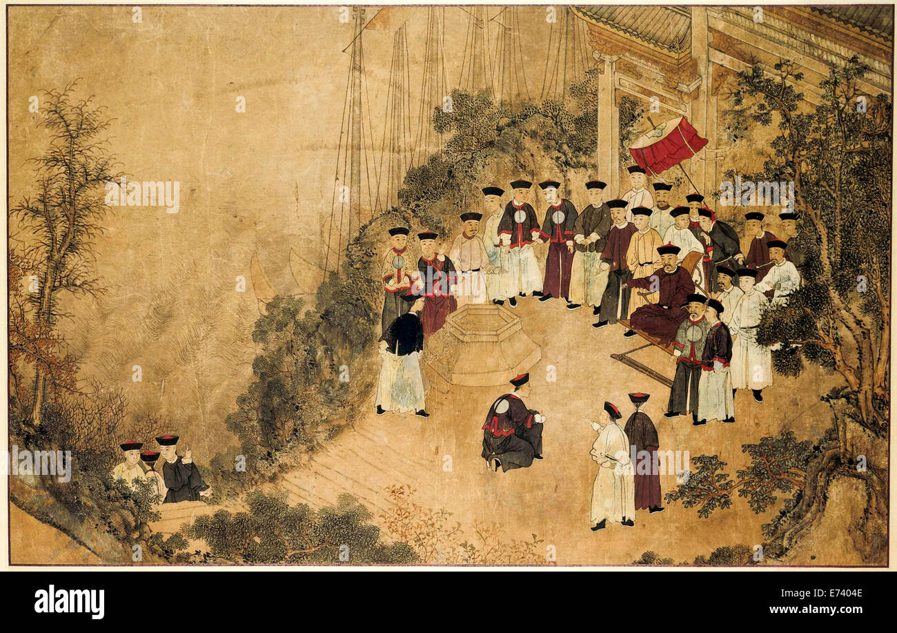 Général Shi Lang avec un groupe de personnalités à un puits sur la mer - par artiste inconnu, 1700 - 1800 Banque D'Images