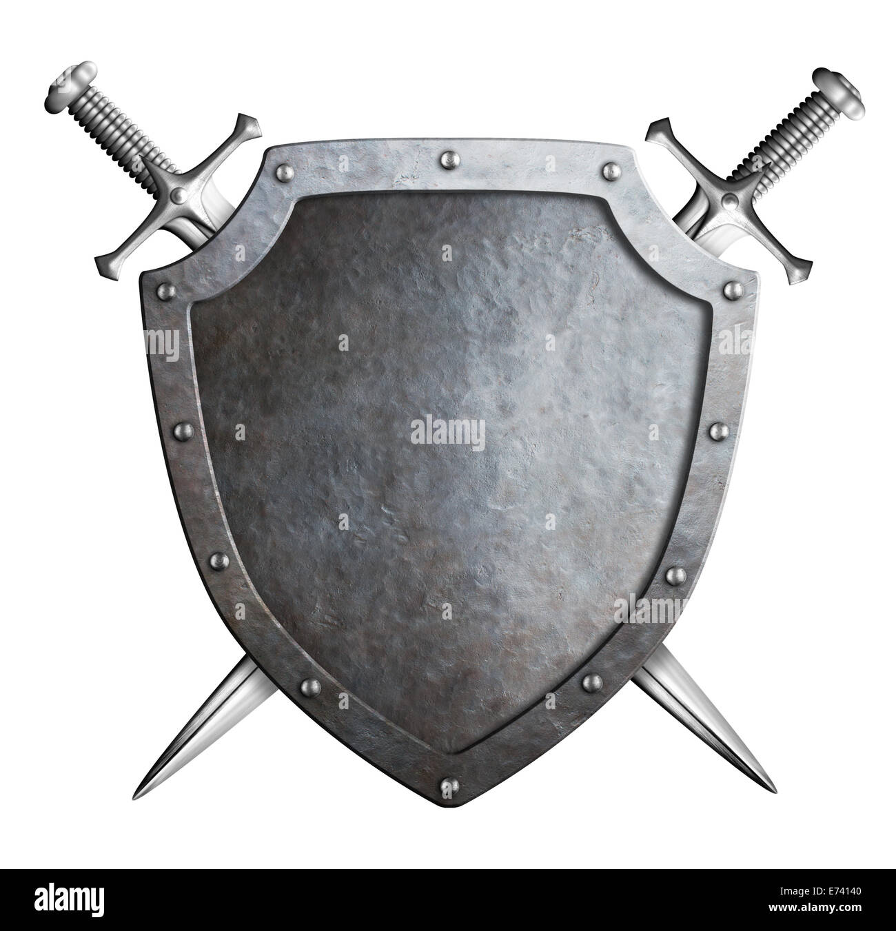 De protection en métal avec des épées croisées isolated on white Banque D'Images