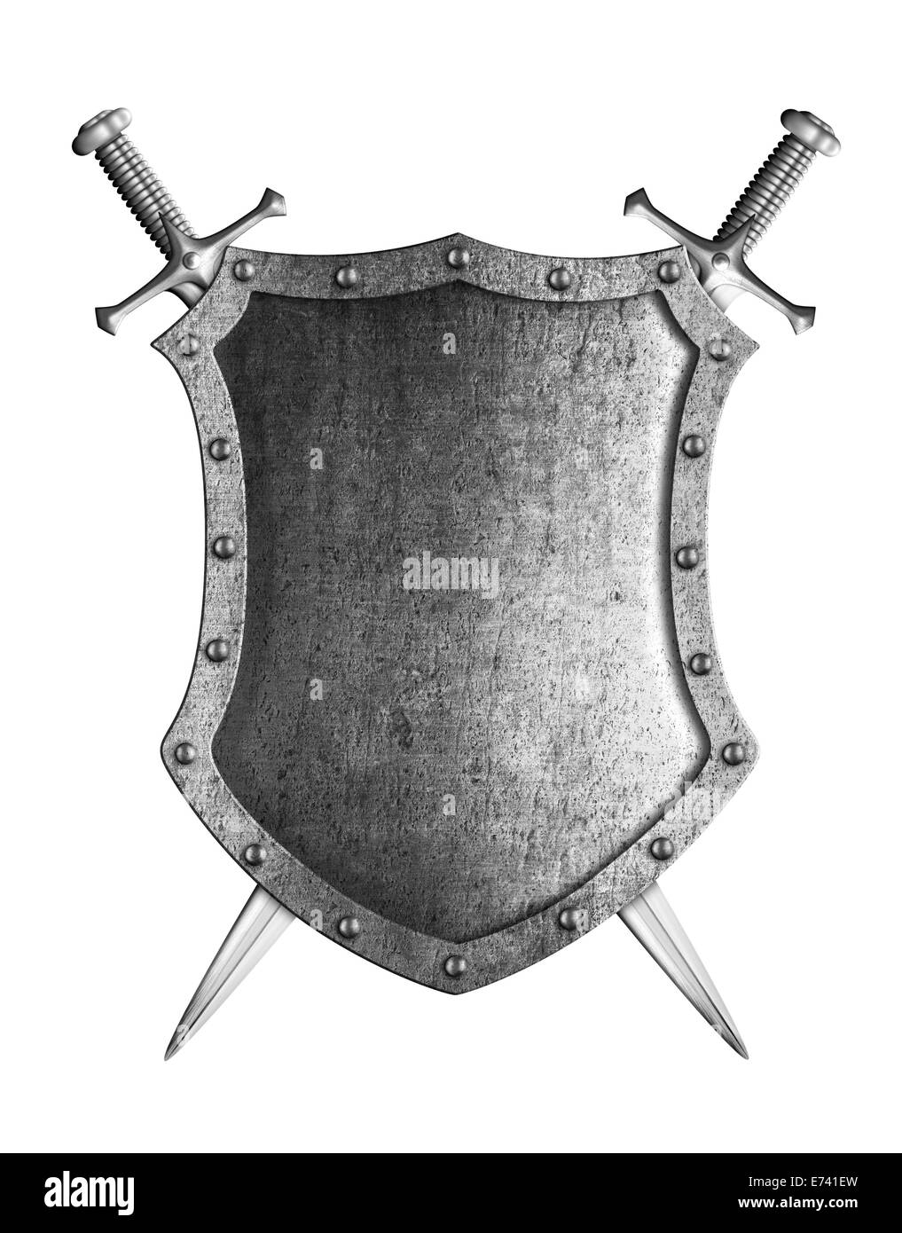 Grand bouclier médiéval avec deux épées croisées isolated on white Banque D'Images