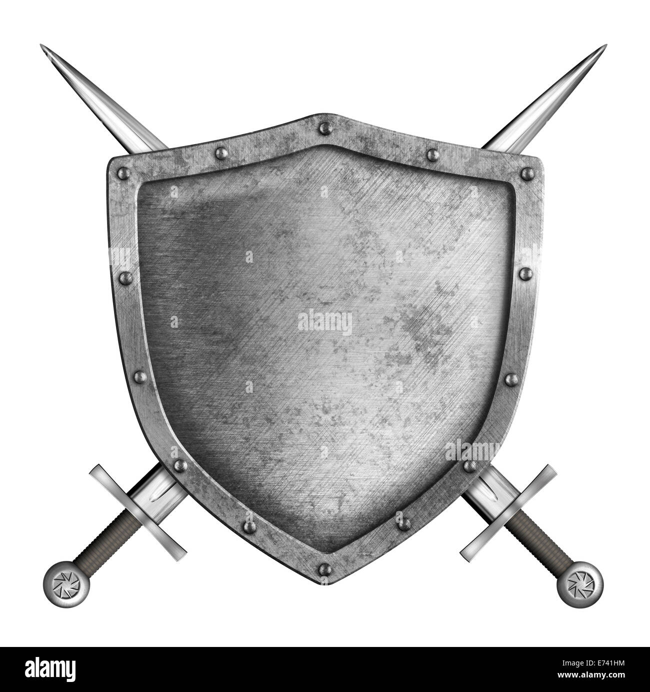 Metal médiévale bouclier chevalier avec épées croisées isolated on white Banque D'Images