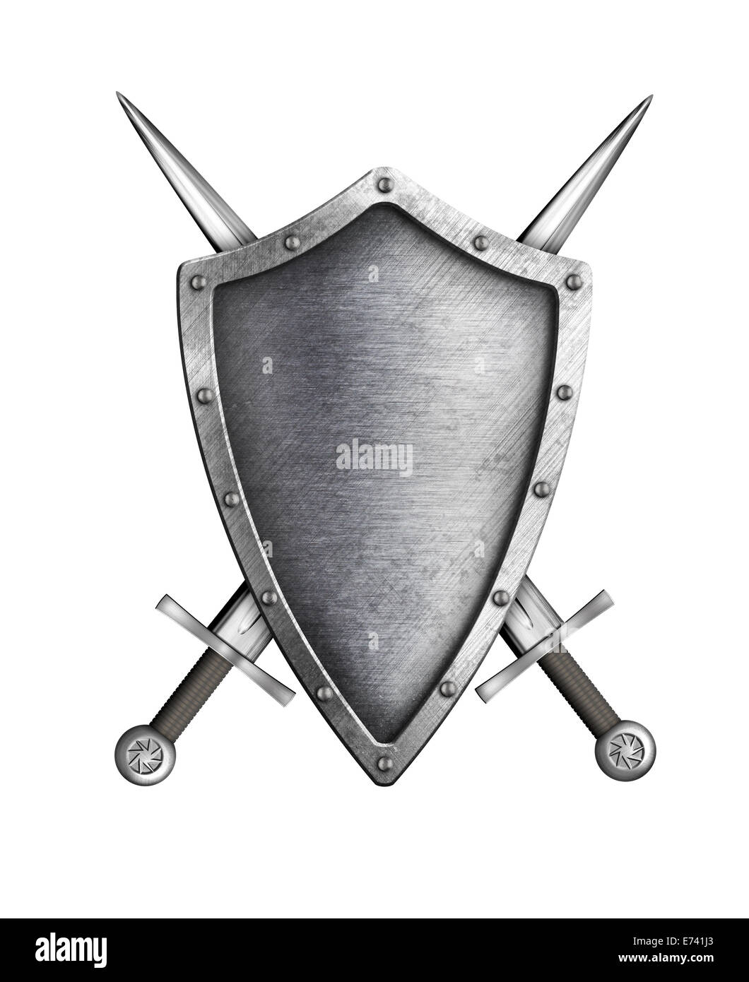 Bouclier chevalier médiéval avec des épées croisées isolated on white Banque D'Images