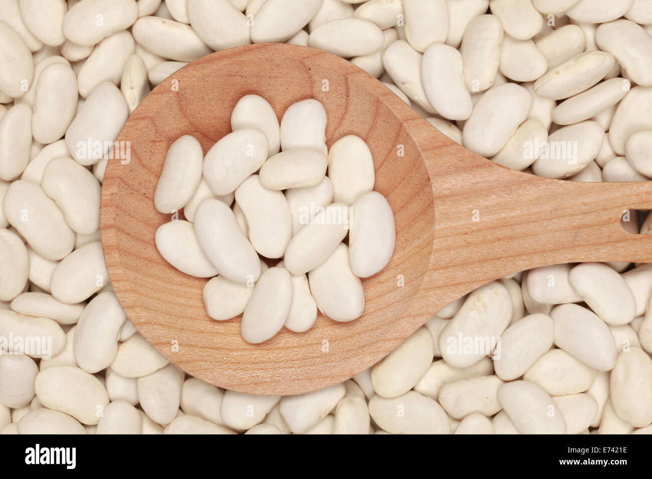 Groupe d'haricots blancs sur une cuillère en bois formant un arrière-plan Banque D'Images