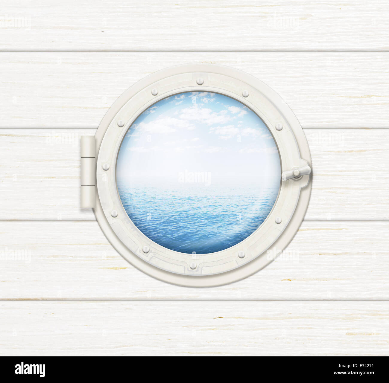 Fenêtre de navire ou d'un hublot sur le mur en bois avec vue sur la mer ou l'océan visible à travers elle Banque D'Images