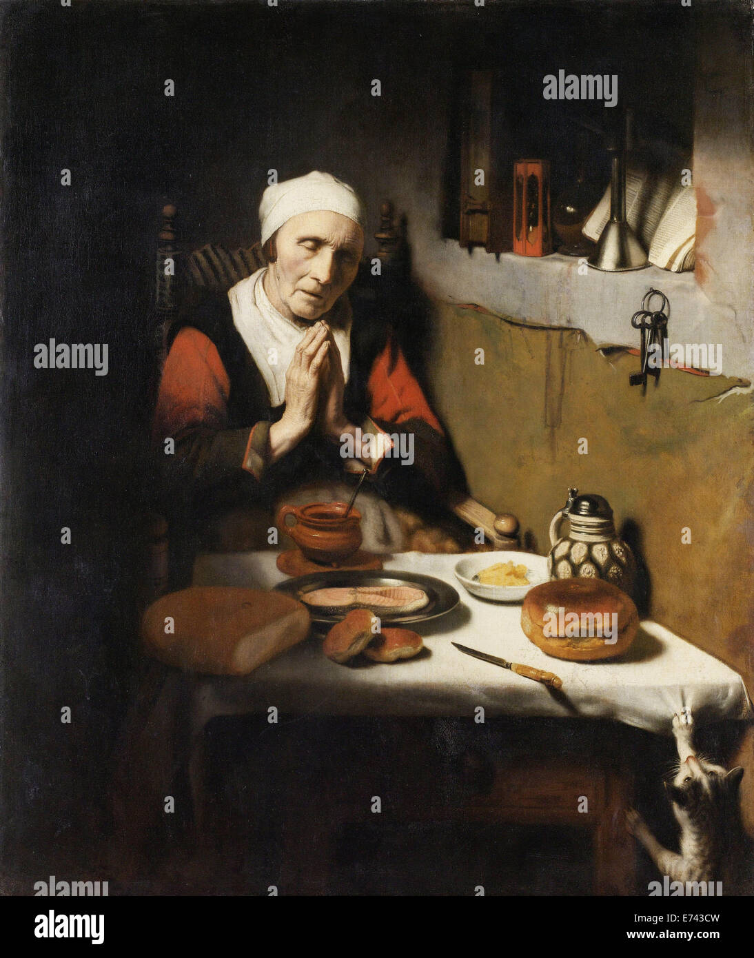 Vieille Femme disant Grace connu comme 'la prière sans fin' - par Nicolaes MAES 1656 Banque D'Images