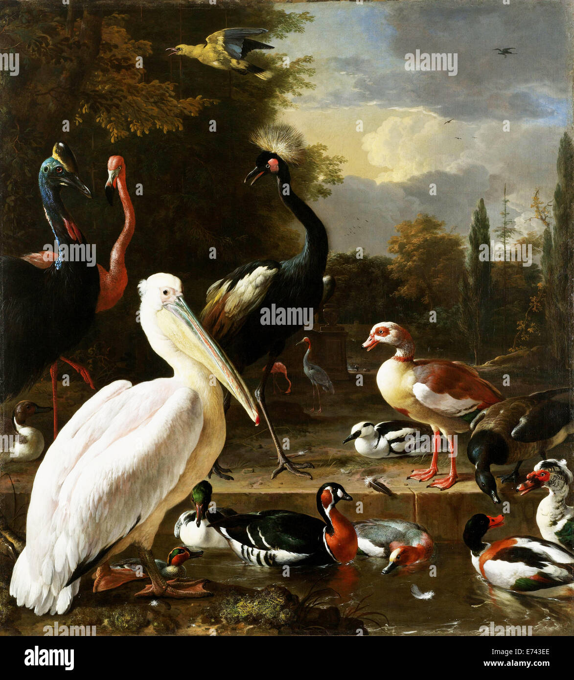 Pélican et autres oiseaux près d'un bassin connu comme 'la plume Flottante' - par Melchior d'Hondecoeter 1680 Banque D'Images