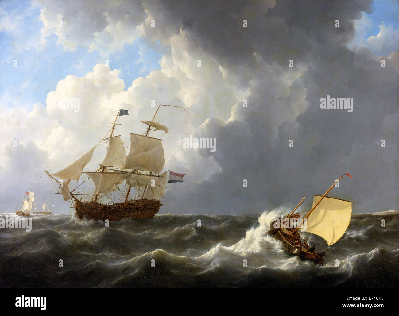 Navires sur une mer orageuse - par Johannes Christiaan soucoupe, 1826 Banque D'Images