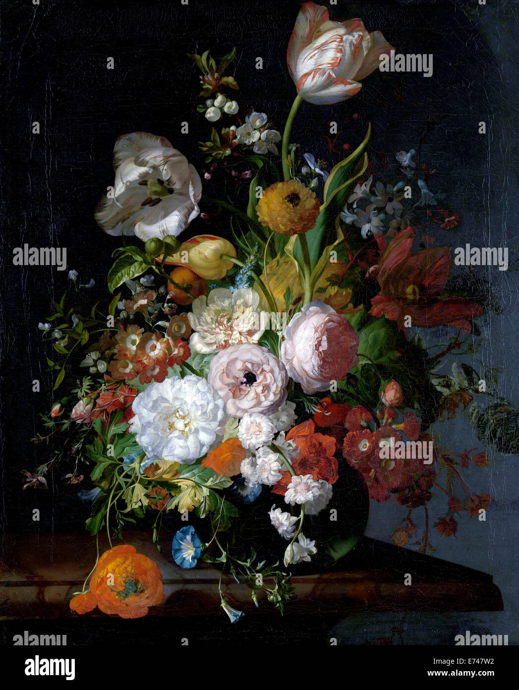 Nature morte avec fleurs dans un vase en verre - par Rachel Ruysch, 1690 - 1720 Banque D'Images