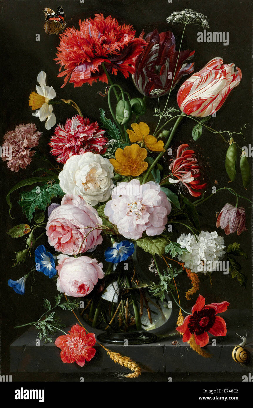 Nature morte avec fleurs dans un vase en verre - par Jan Davidsz De Heem, 1650 - 1683 Banque D'Images