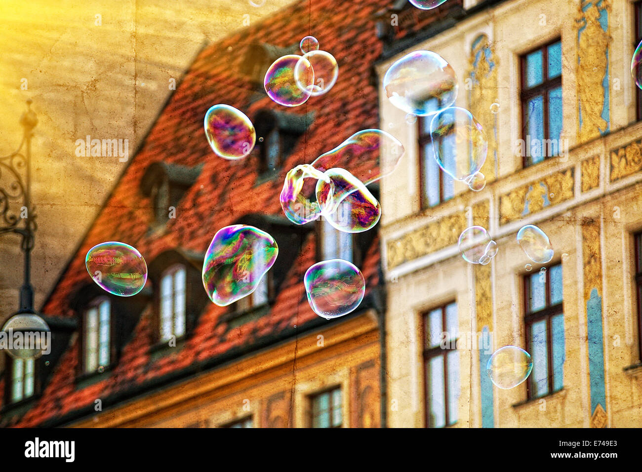 Bulles de savon de couleur sur le marché de Wroclaw en style retro Banque D'Images