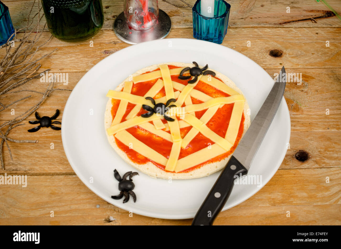 Pizza Halloween décoré comme une araignée, un enfant partie meal Banque D'Images