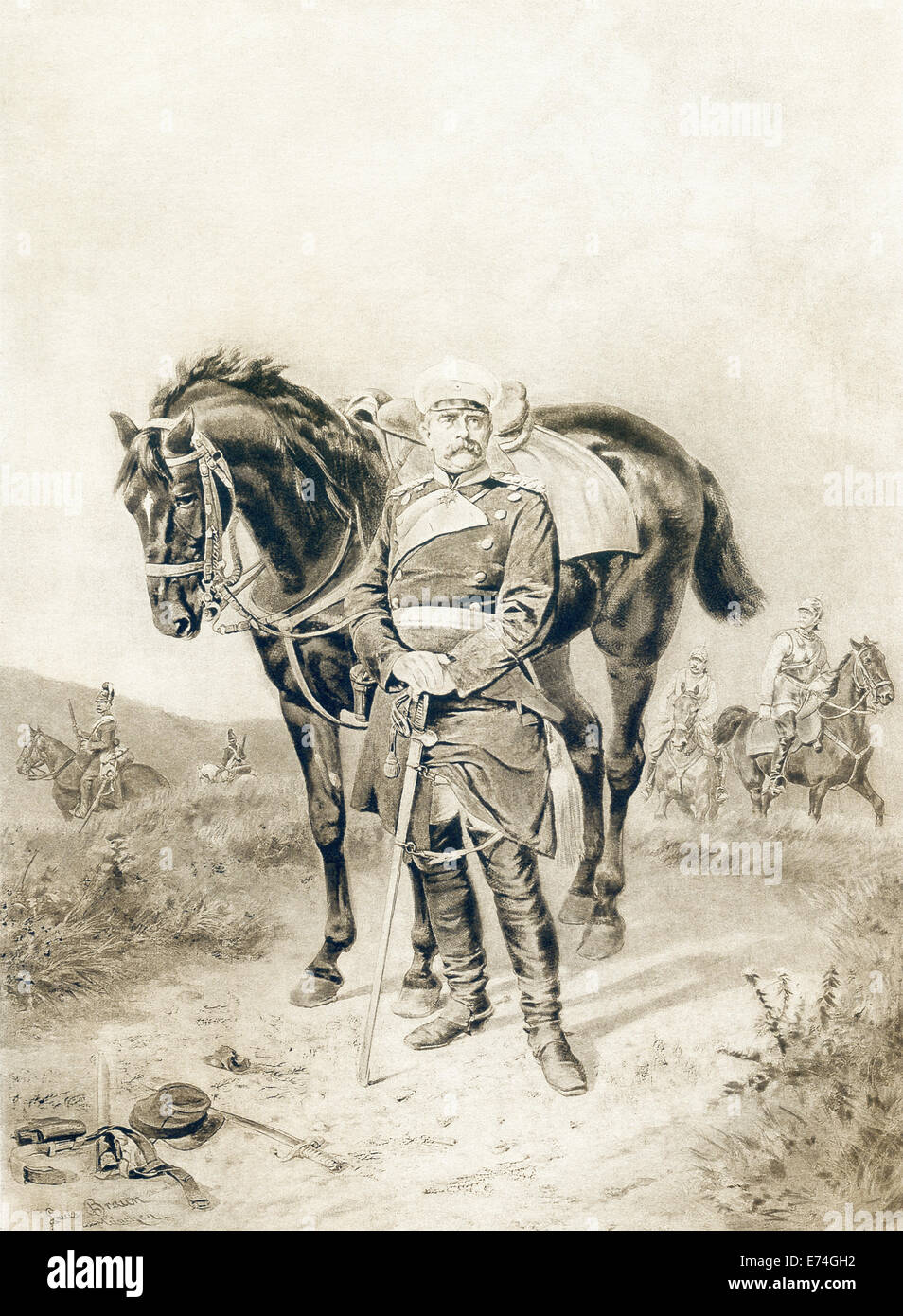 Peintre allemand Ludwig Braun montre Bismarck avec son cheval à la périphérie de Paris dans la guerre franco-prussienne de 1870-1871. Banque D'Images
