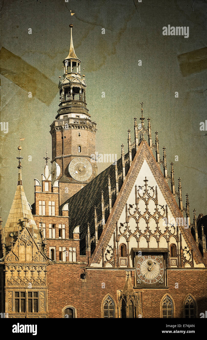 Détails de l'Hôtel de Ville de Wroclaw dans retro style Banque D'Images