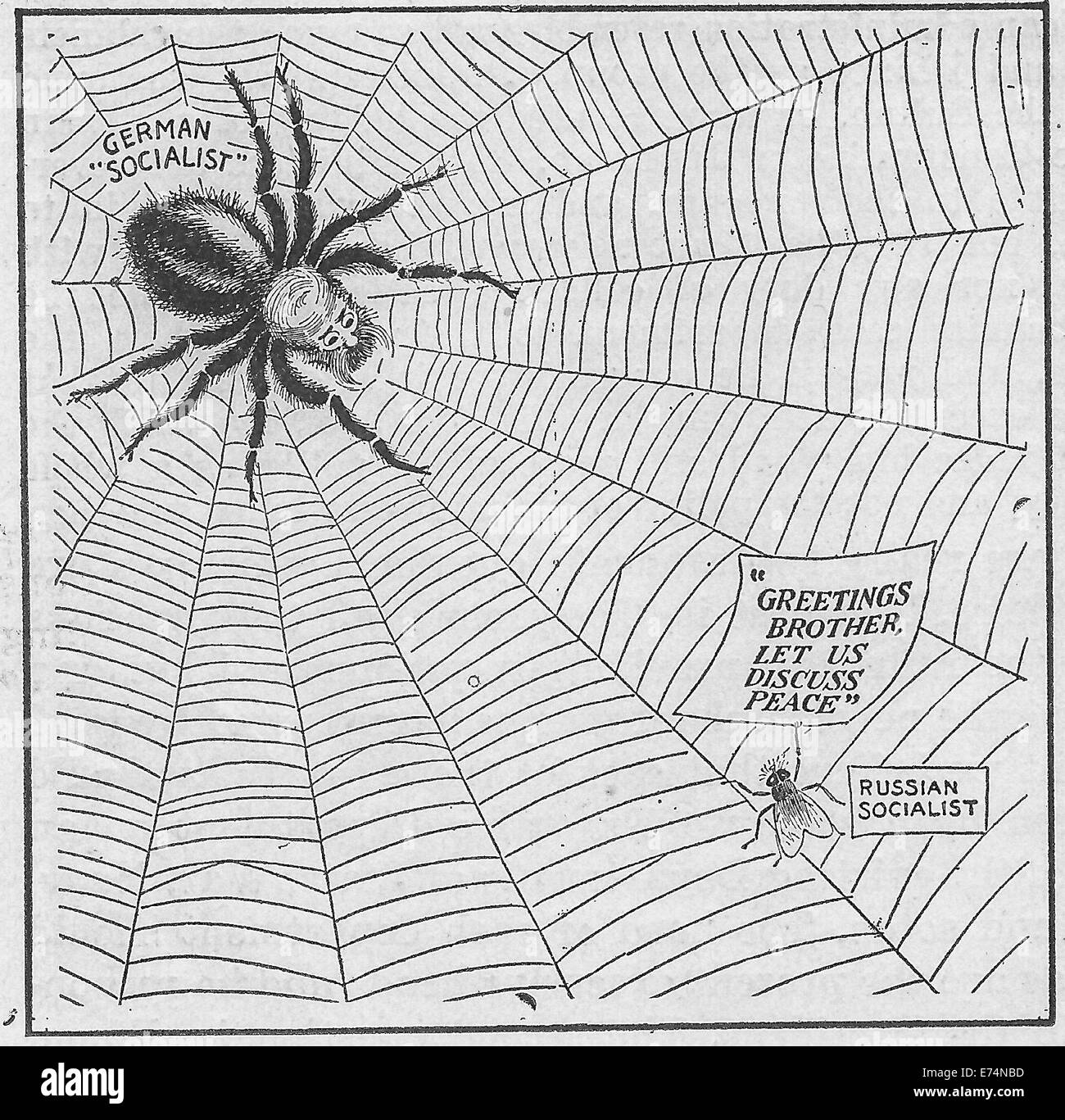 La Première Guerre mondiale, caricature politique socialistes allemands comme une araignée et socialistes russes comme une mouche. La mouche est dire "Bonjour frère, laissez-nous discuter de la paix". Circa 1917 Banque D'Images
