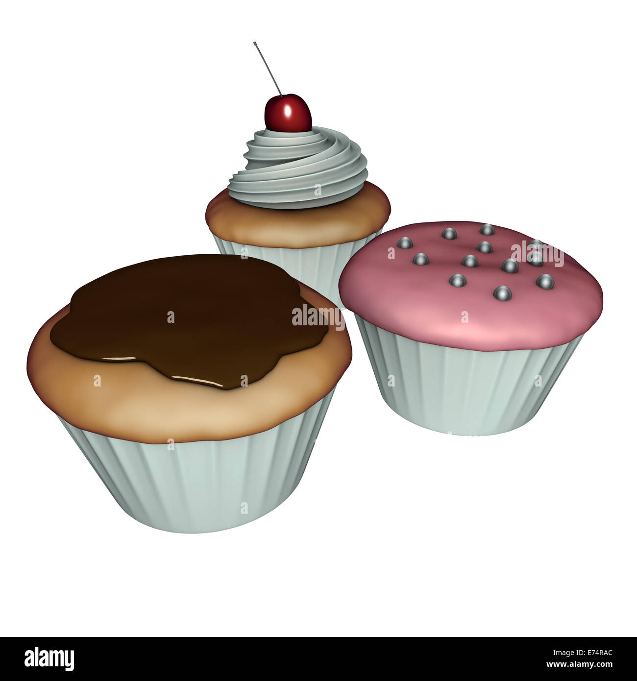 3D render of cup-cakes avec crème, chocolat et cerises sur fond blanc Banque D'Images