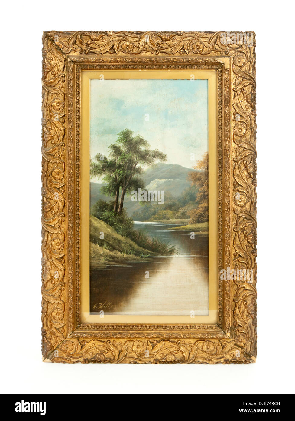 Peinture antique de Scène de rivière écossais par H. Watts dans un cadre doré ouvragé Banque D'Images