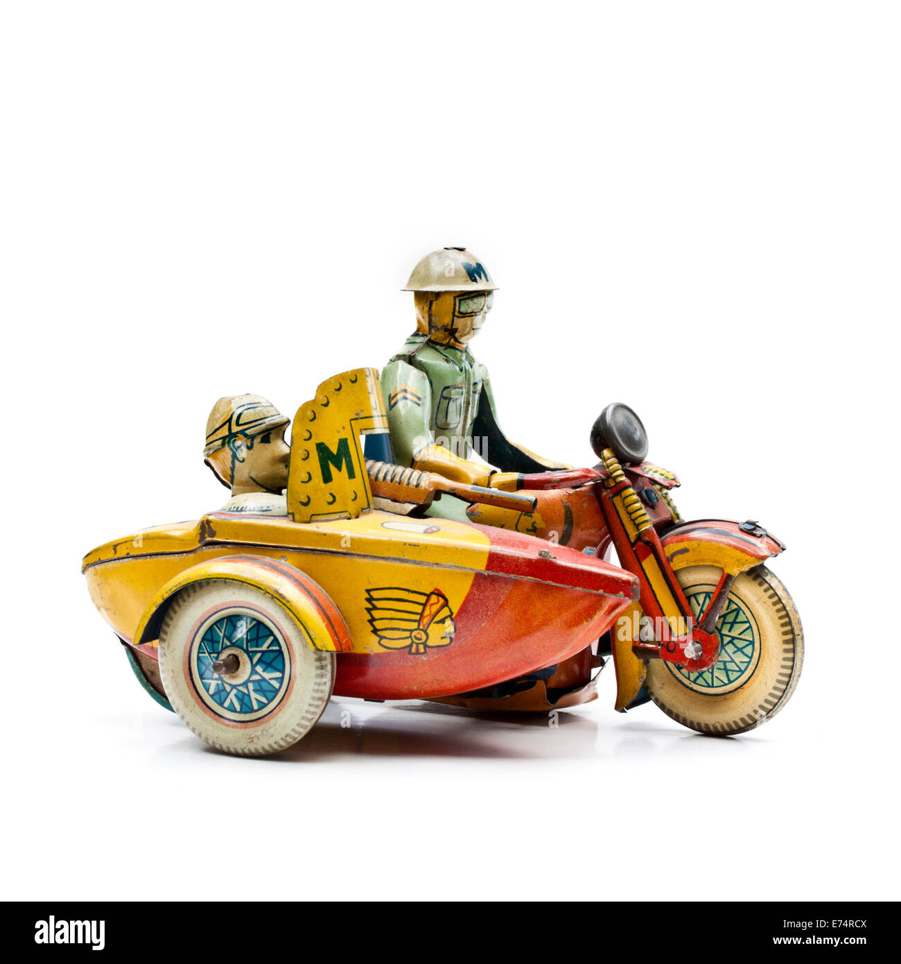 Vintage rare fer blanc, la Police militaire (PM) et d'un side-car moto toy Banque D'Images