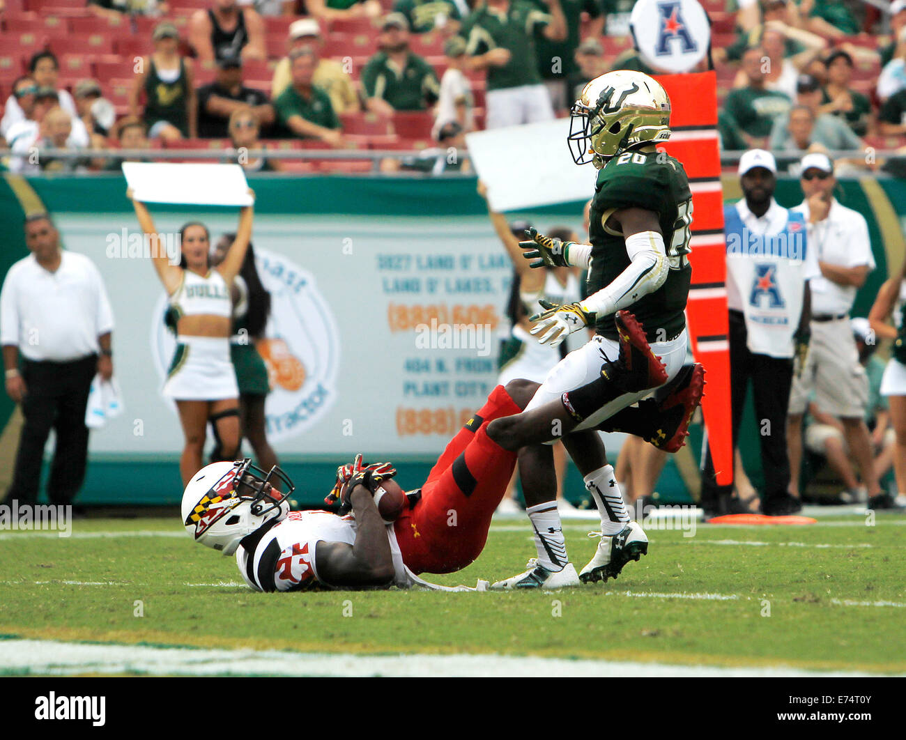 Le 6 septembre 2014 - City, Floride, États-Unis - OCTAVIO JONES | fois.Maryland Terrapins wide receiver Stefon Diggs (1) marque un touchdown sur South Florida Bulls Devin évoluait Abraham (20) au troisième trimestre chez Raymond James Stadium de Tampa le Samedi, Septembre 6, 2014. Le Maryland a défait la Floride du sud de 24 à 17. Credit : Octavio Jones/Tampa Bay Times/ZUMA/Alamy Fil Live News Banque D'Images