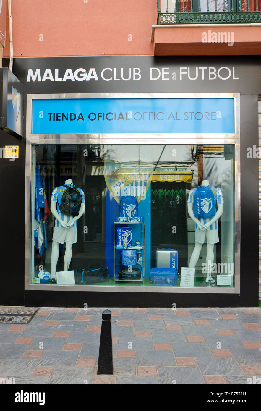 La boutique officielle du Club de football de Malaga, Malaga, l'équipe de soccer football club, de l'Espagne. Banque D'Images