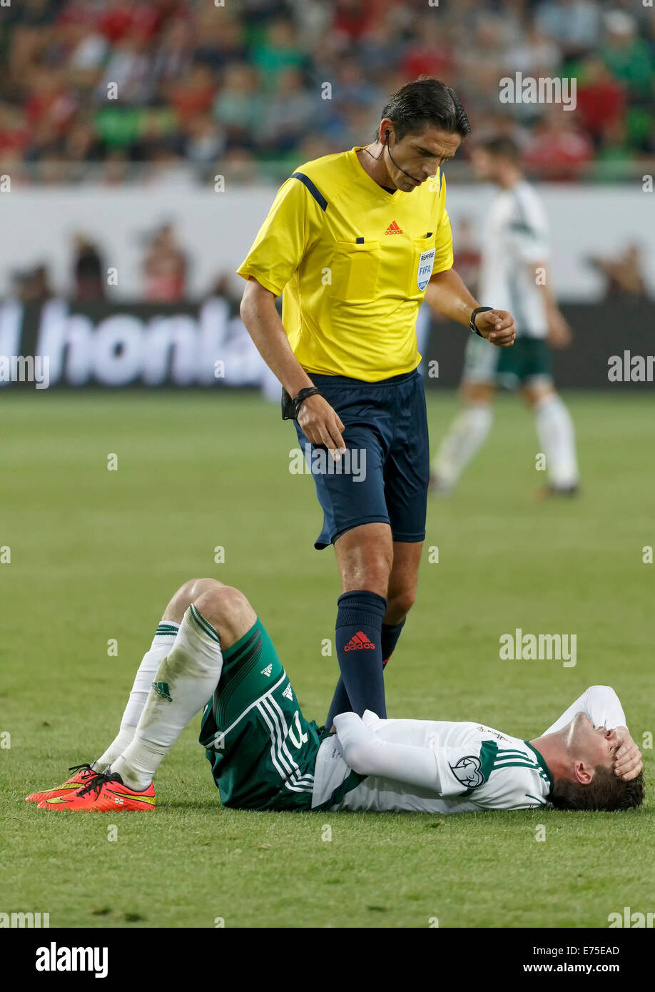 Budapest, Hongrie. 7 Septembre, 2014. L'arbitre allemand Deniz Aytekin demande aux militaires blessés au cours de l'Irlande du Nord Kyle Lafferty Hongrie contre l'Irlande du Nord l'UEFA Euro 2016 football match qualificatif de Groupama Arena le 7 septembre 2014 à Budapest, Hongrie. Credit : Laszlo Szirtesi/Alamy Live News Banque D'Images