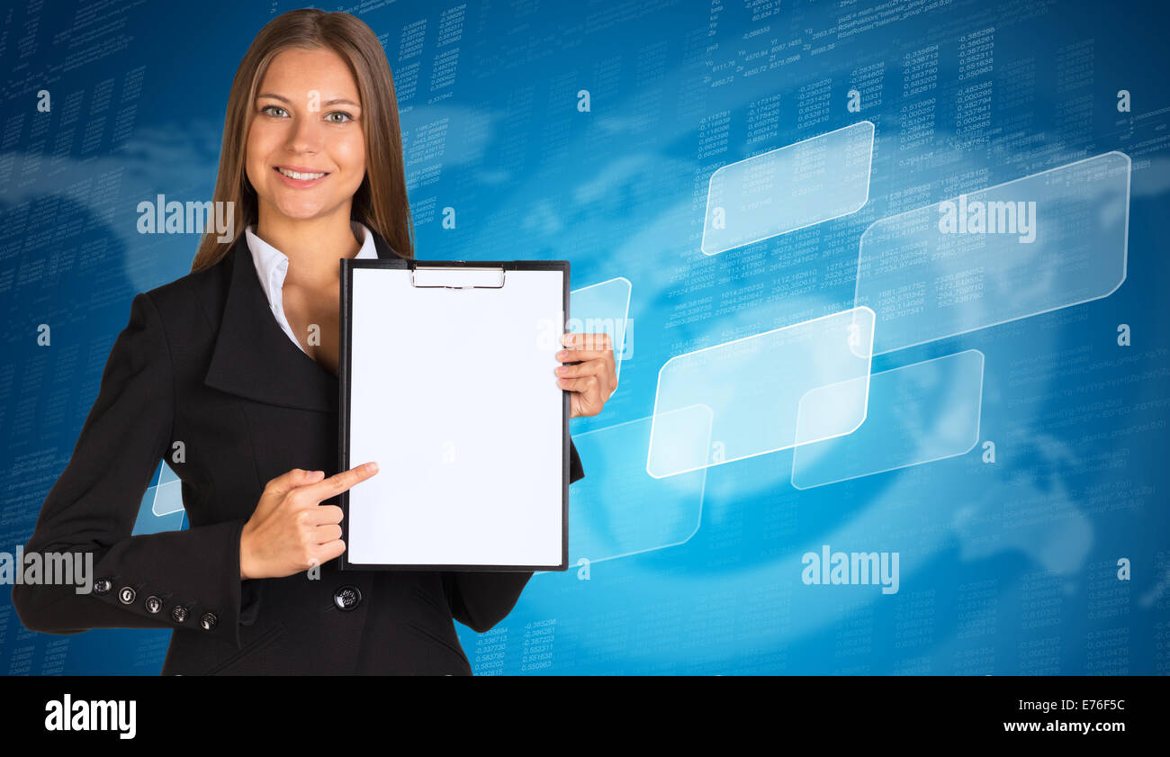 Businesswoman with images vides et carte du monde Banque D'Images