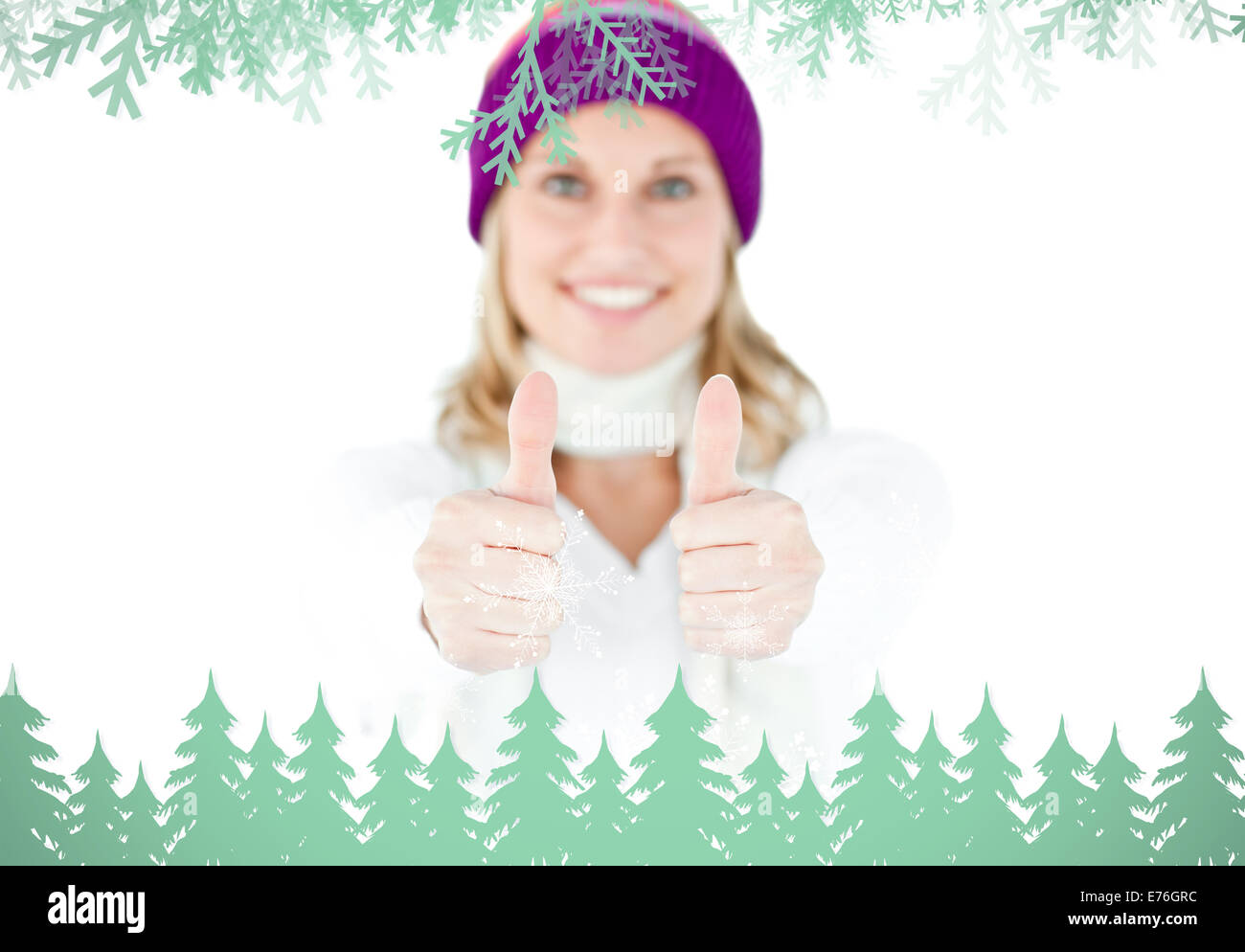 Image composite de femme animée avec Thumbs up et hat smiling at the camera Banque D'Images