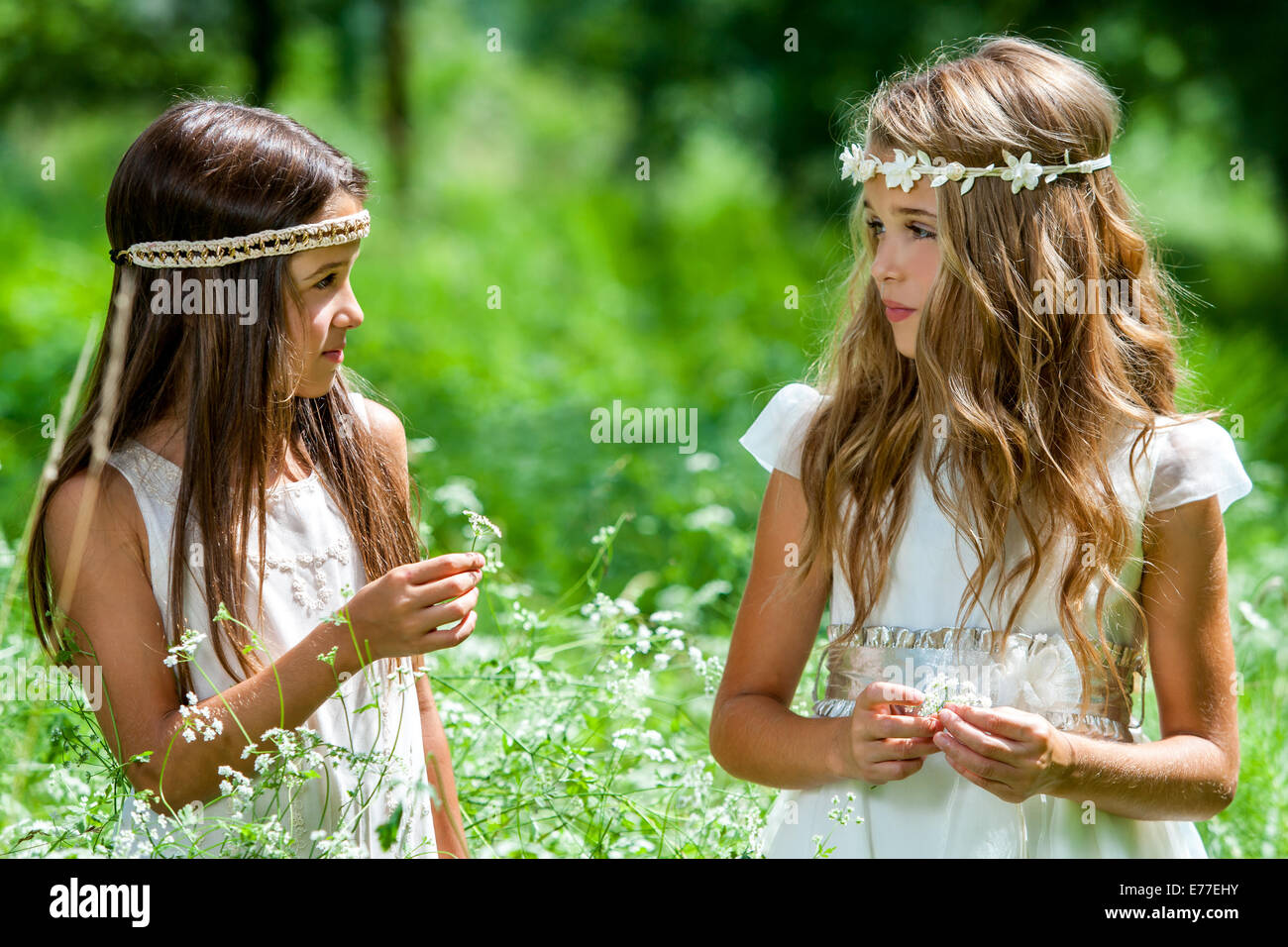 Portrait de deux jeunes filles debout dans champ de fleur. Banque D'Images