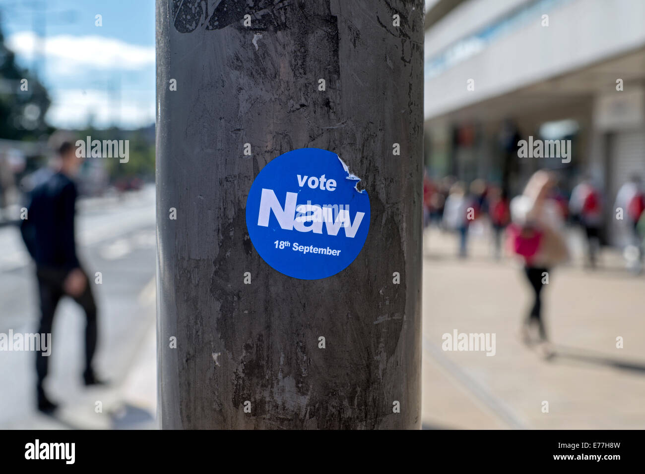 Naw autocollant sur un post dans Princes Street d'Édimbourg dans le cadre de la campagne du non au référendum sur l'indépendance écossaise Banque D'Images