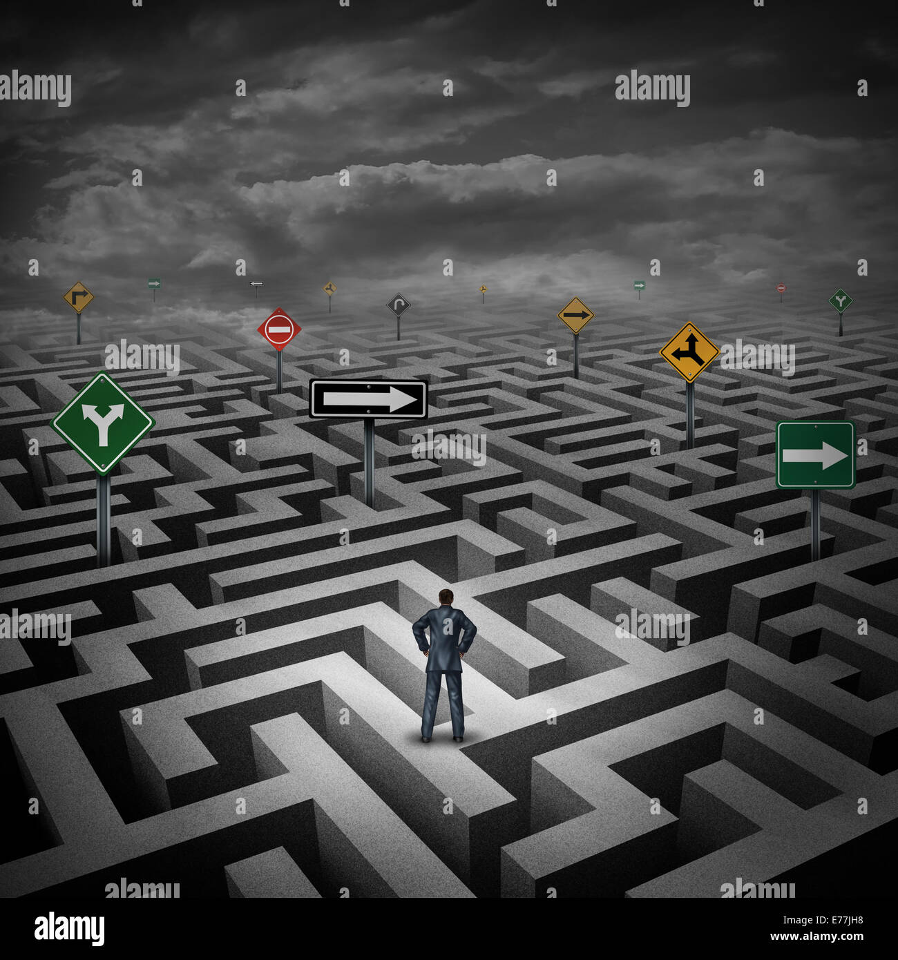 Crise stratégie concept comme un businessman standing on a trois dimensions ou labyrinthe labyrinthe déroutant direction signalisation routière comme une métaphore de la difficulté dans les affaires et le stress de la vie quotidienne. Banque D'Images