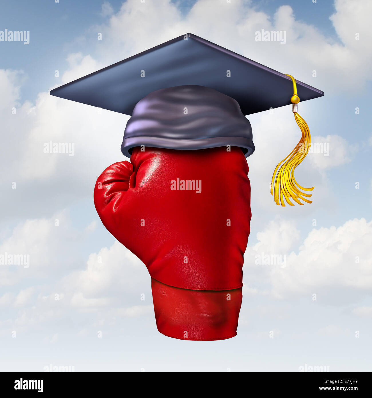 Pouvoir de l'éducation comme un gant de boxe rouge dans l'air portant une graduation cap ou mortier de sélection comme un puissant et d'apprentissage Banque D'Images