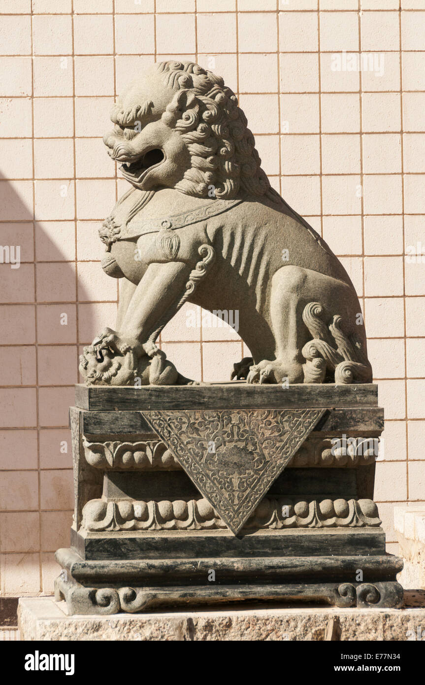 Elk203-5136v Canada, l'Alberta, Edmonton, centre-ville, Chinatown gate, guardian statue lion Banque D'Images