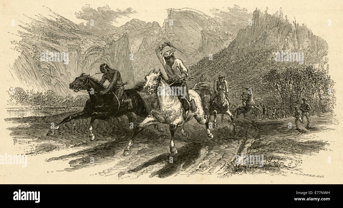 Gravure ancienne 1872, les courses de chevaux dans la vallée de Yosemite. Banque D'Images Gravure ancienne 1872, les courses de chevaux dans la vallée de Yosemite. Banque D'Images
