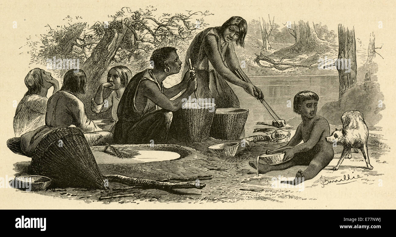Gravure ancienne 1872, Yosemite. Chemuck Indiens faisant Banque D'Images Gravure ancienne 1872, Yosemite. Chemuck Indiens faisant Banque D'Images