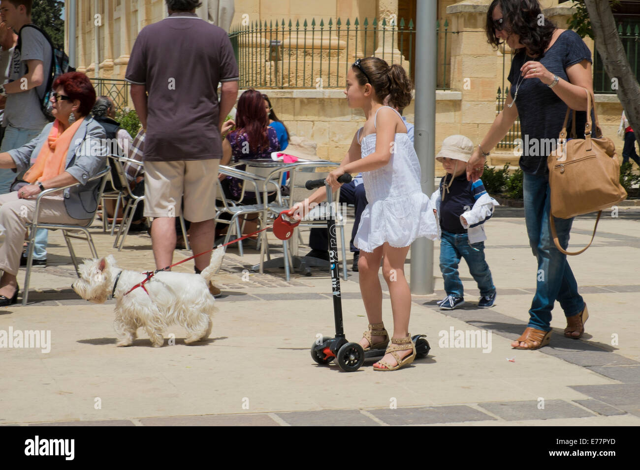 Jeune enfant sur une trottinette tirée par son chien Banque D'Images