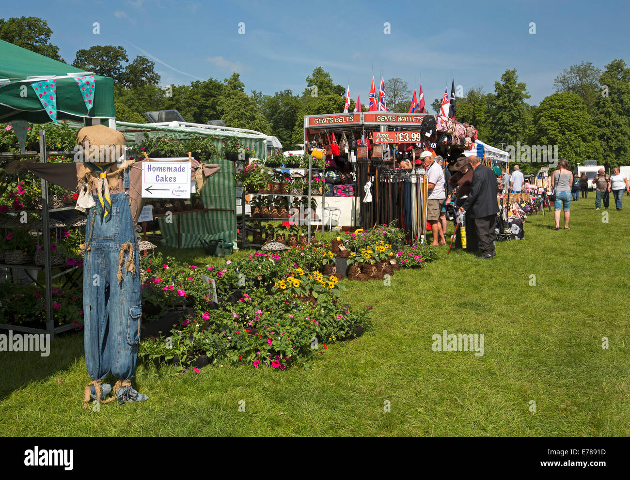 Marché pittoresques en plein air au pays avec des gens juste la navigation à travers les plantes et les étals de vêtements en journée ensoleillée, ciel bleu Banque D'Images
